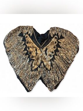 Vintage Butterfly Black & Gold Sequins Top Shirt Poncho Cape Metallic Blouse